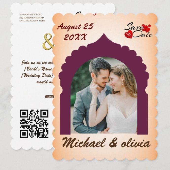 traditional arch style photo save the date cards with decorative frame and qr code