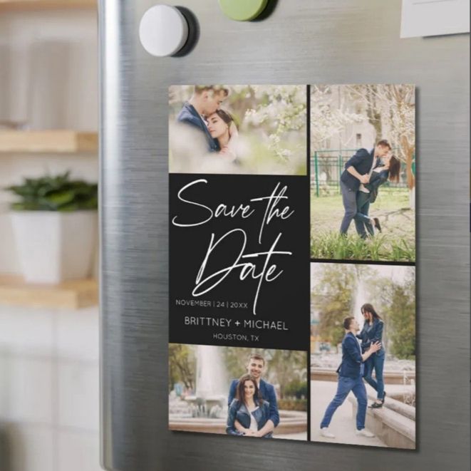 modern collage photo save the date cards with black center and multiple couple photos
