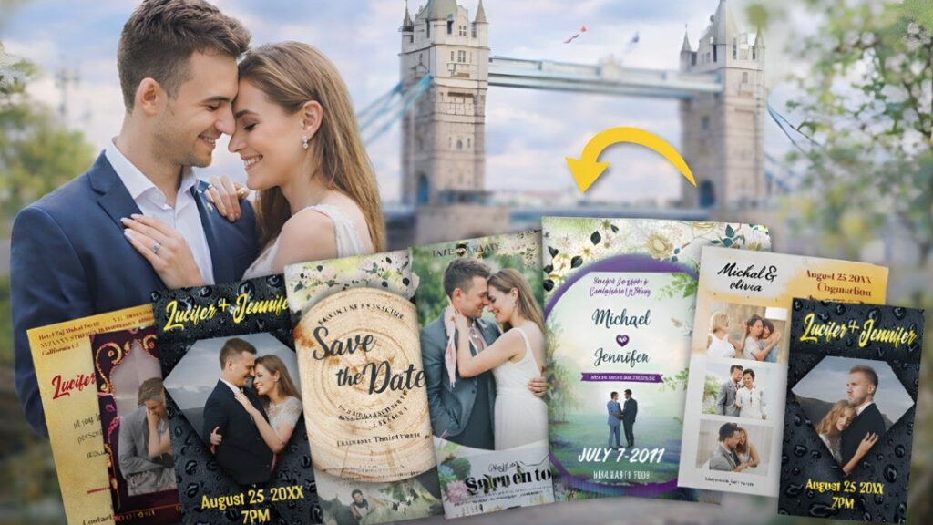 photo save the date cards with couple background and multiple wedding card designs display
