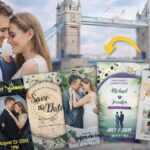 photo save the date cards with couple background and multiple wedding card designs display