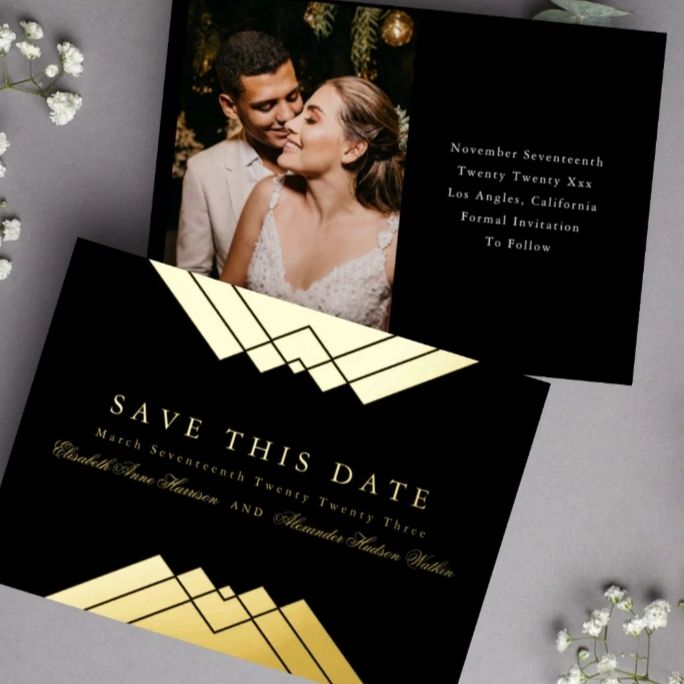 luxury gold foil photo save the date cards with black background and elegant geometric design