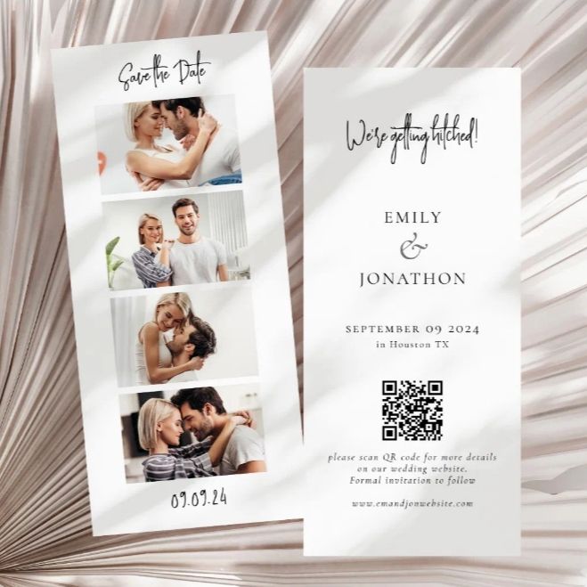 modern photo save the date cards with qr code and minimalist collage design
