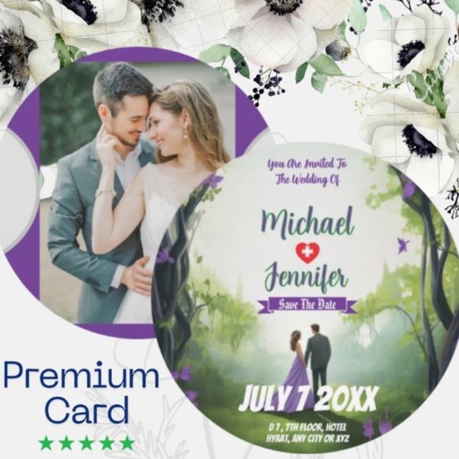 romantic floral photo save the date cards with illustrated couple and circular design