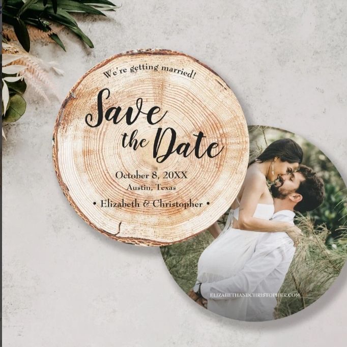rustic wood slice photo save the date cards with natural texture and round boho design