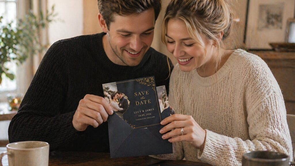 couple taking out printed save the date wedding card from envelope at home
