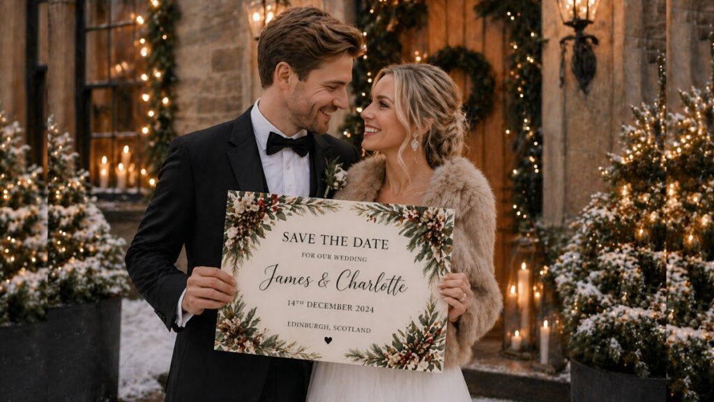 british couple holding save the date card in winter seasonal wedding setting