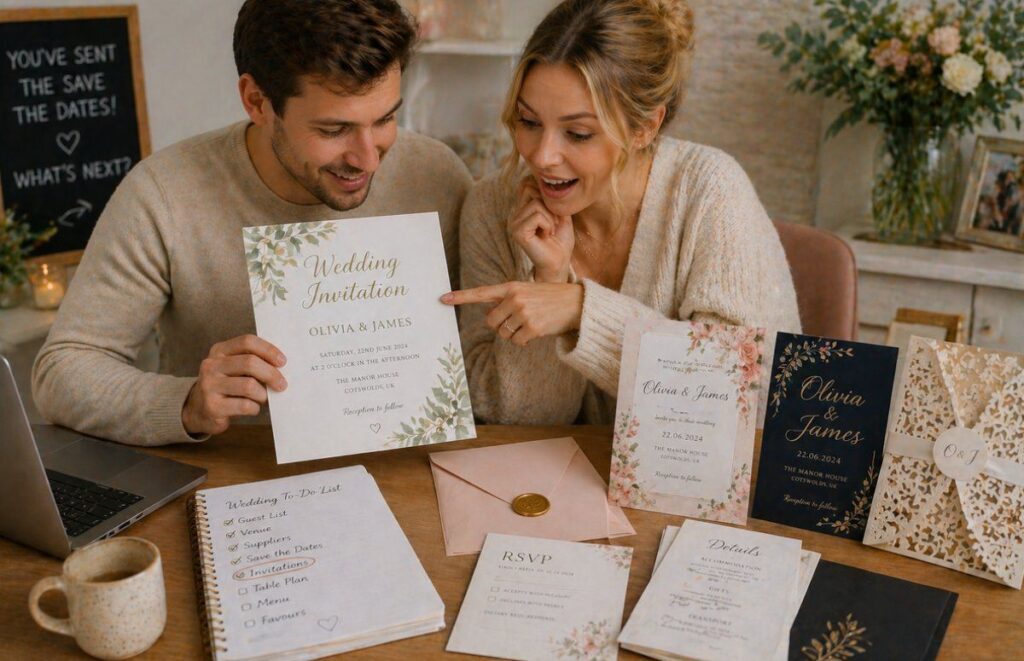 couple reviewing wedding invitations after sending save the date cards
