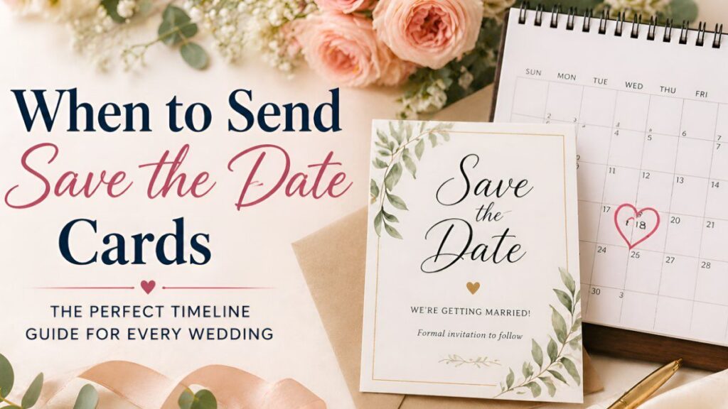 When to send save the date card with calendar showing wedding timeline planning