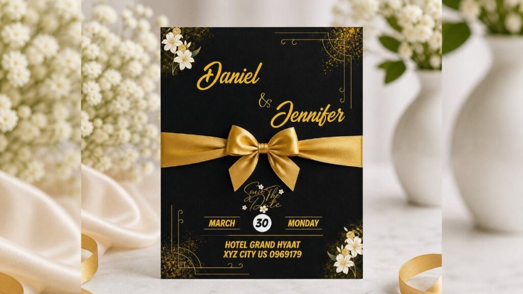 affordable black and gold save the date card that looks luxury for modern weddings