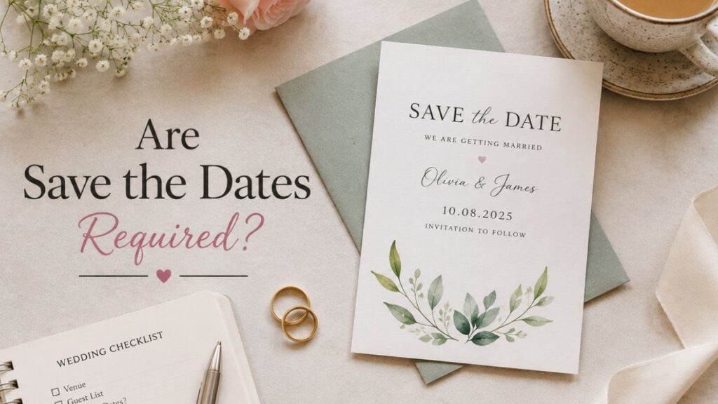 Elegant flat lay wedding scene with save the date card and text asking are save the dates required