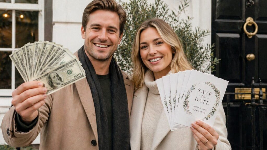 British couple holding save the date wedding cards and dollar bills outdoors