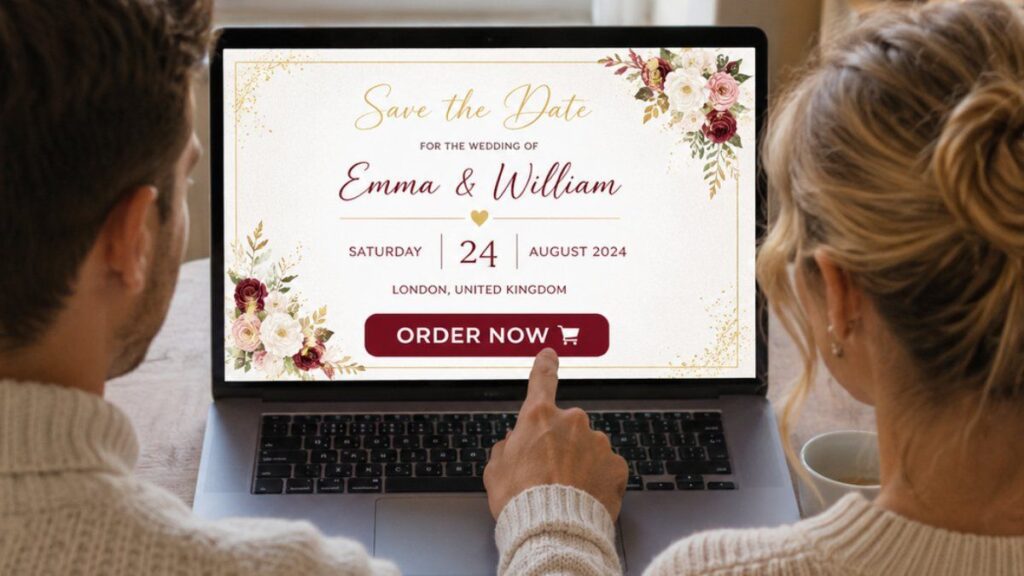 couple viewed from behind ordering a wedding save the date card on laptop screen with order now button visible