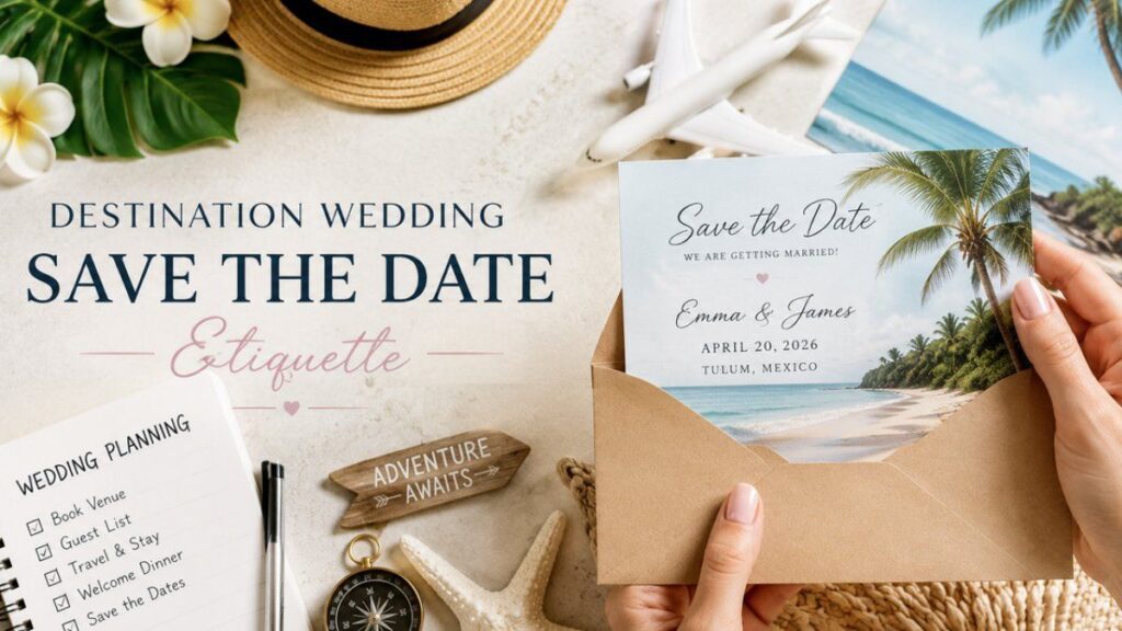 Destination wedding save the date card in envelope with tropical beach theme and travel accessories
