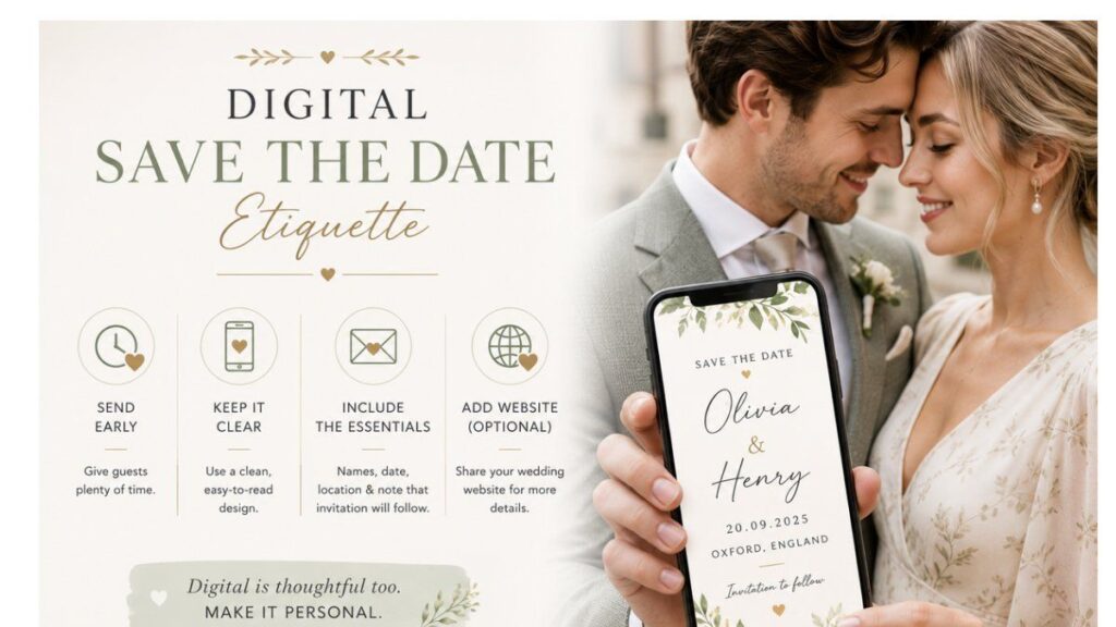 Elegant British couple showing digital save the date card on smartphone with wedding etiquette tips