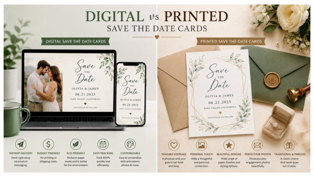 Comparison between digital and printed save the date cards for weddings
