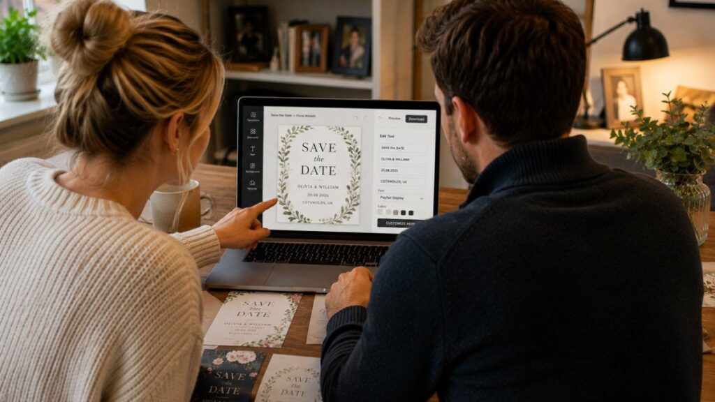Couple customizing save the date cards online on a laptop