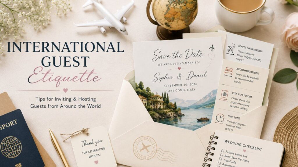 International wedding save the date card with travel details passport and guest etiquette information