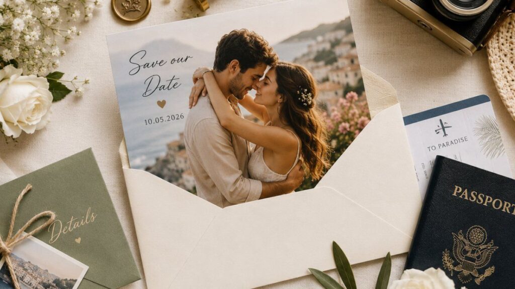 Romantic couple hugging on a photo save the date card inside an elegant envelope
