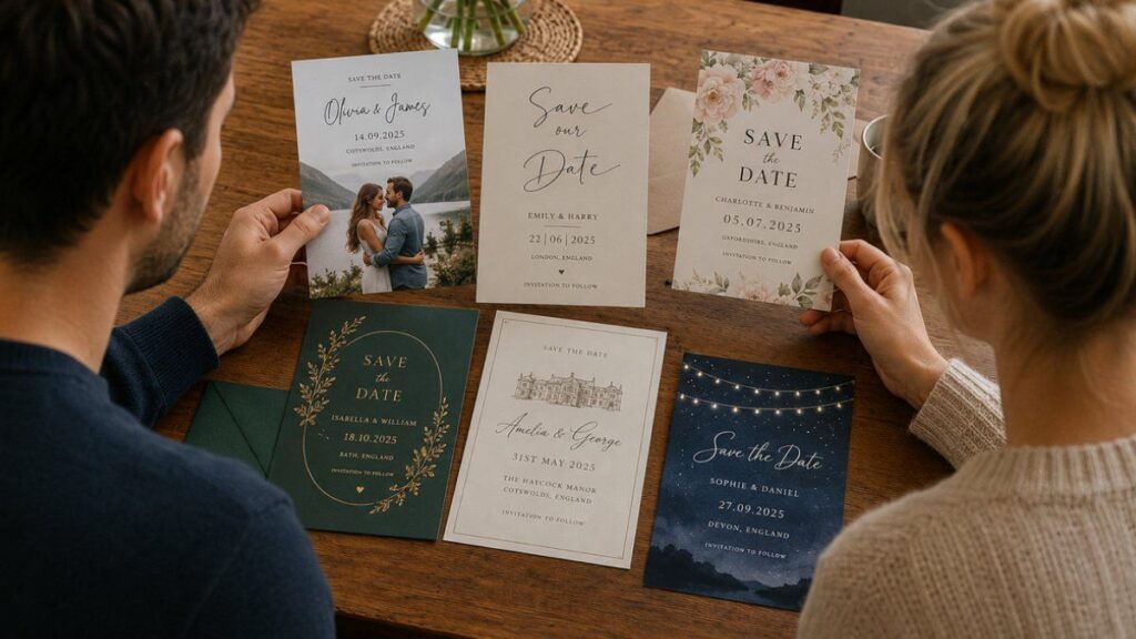 Different types of save the date cards including floral, photo, minimalist, and luxury wedding designs