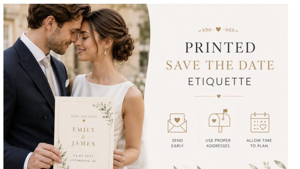 Elegant British couple holding printed save the date card with wedding etiquette tips