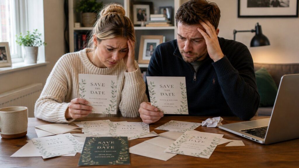 couple looking stressed after finding mistakes in their save the date wedding cards