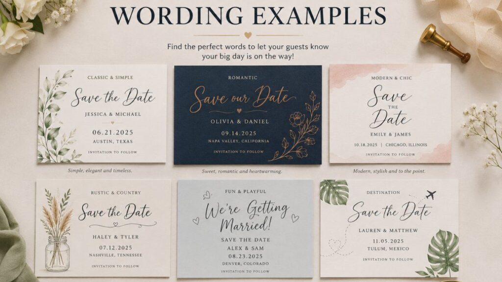 Different save the date card wording examples for modern weddings