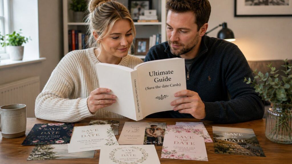Couple reading the ultimate guide to save the date cards for weddings