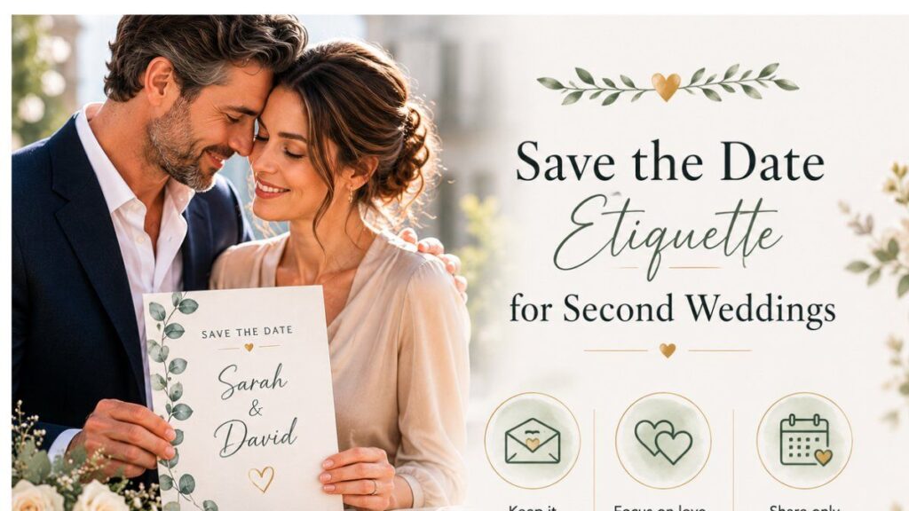Elegant mature couple holding save the date card with second wedding etiquette tips