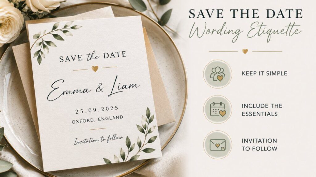 Elegant minimalist save the date wording etiquette wedding card with floral design