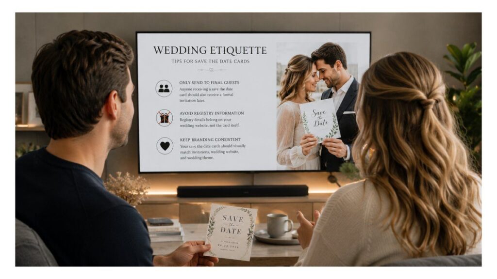 British couple watching wedding etiquette tips for save the date cards on a TV screen