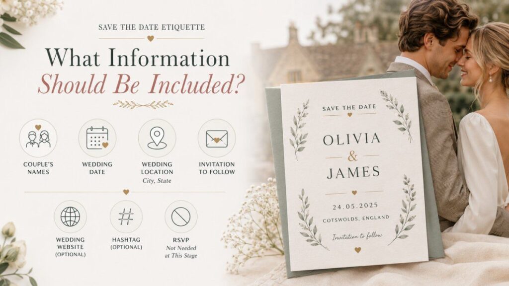 British couple with elegant save the date card etiquette guide showing important wedding details