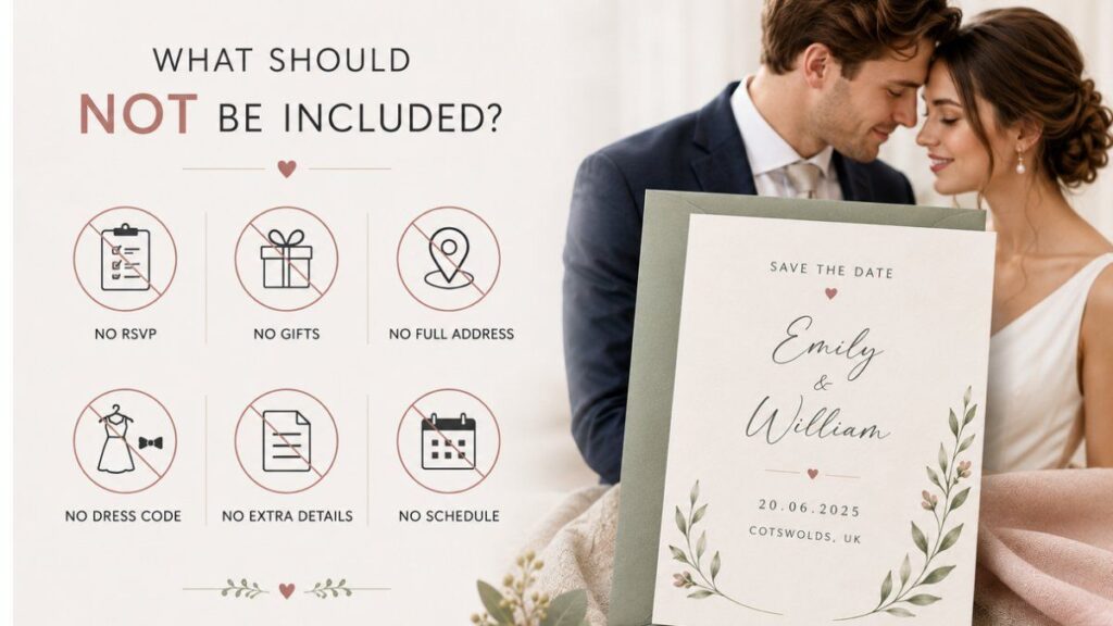 Elegant British couple with minimalist save the date etiquette guide showing what to avoid on wedding cards