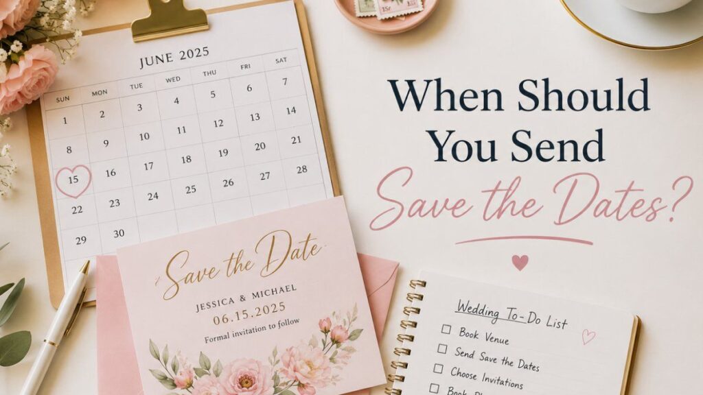 Wedding planning flat lay with calendar and save the date card showing when to send save the dates