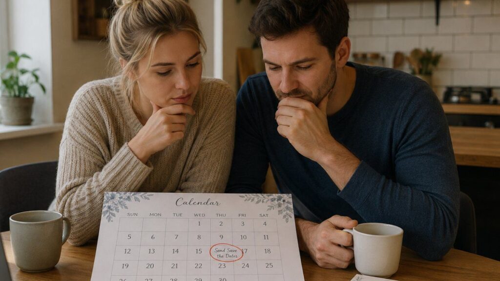 Couple planning when to send save the date cards using a wedding calendar
