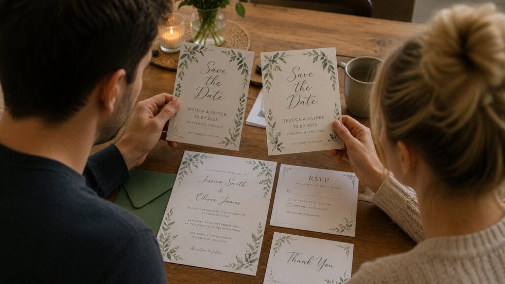 Couple reviewing elegant save the date cards and wedding invitations