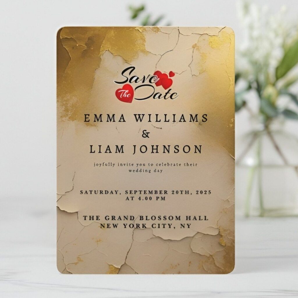 text: affordable save the date card with gold vintage marble texture, luxury wedding design on a budget