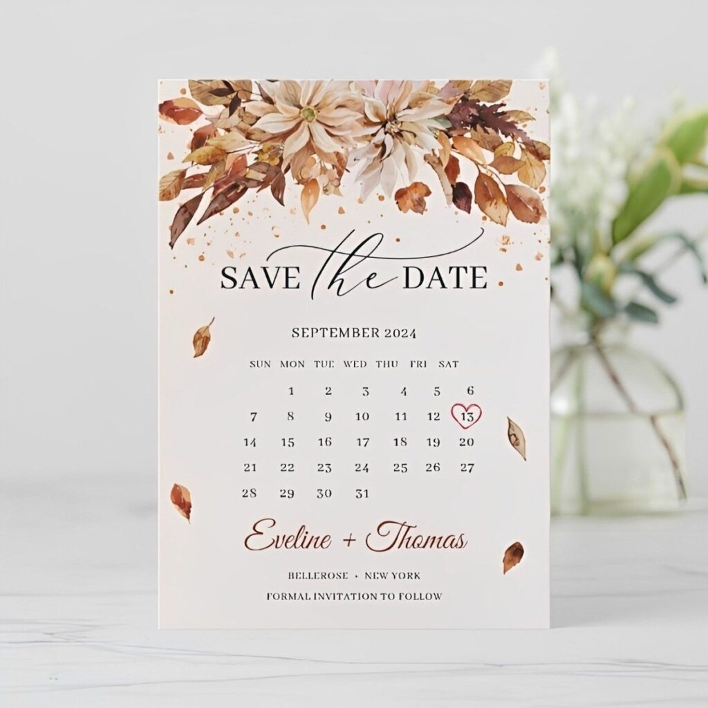 Autumn floral rustic save the date calendar card with warm fall leaves and earthy colors