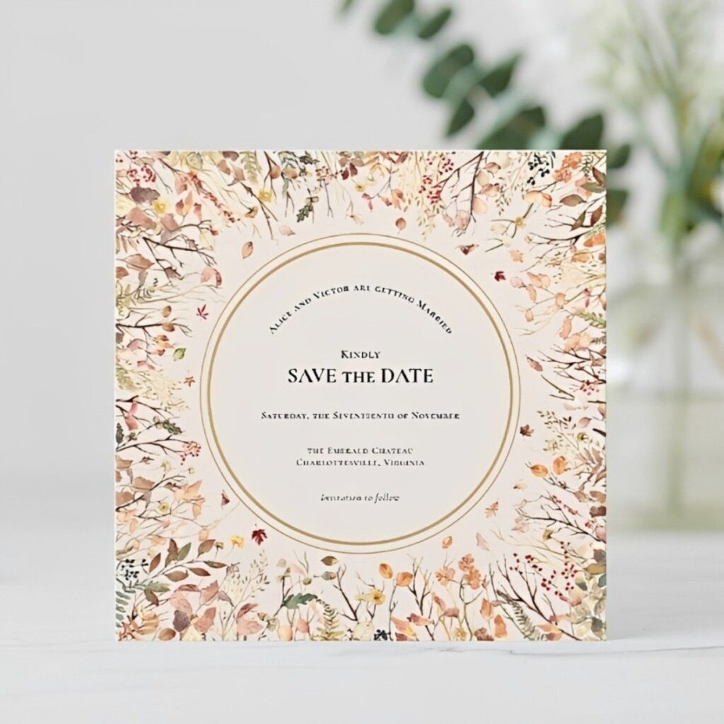 Elegant autumn wildflower rustic save the date card with watercolor botanical border and gold circle frame