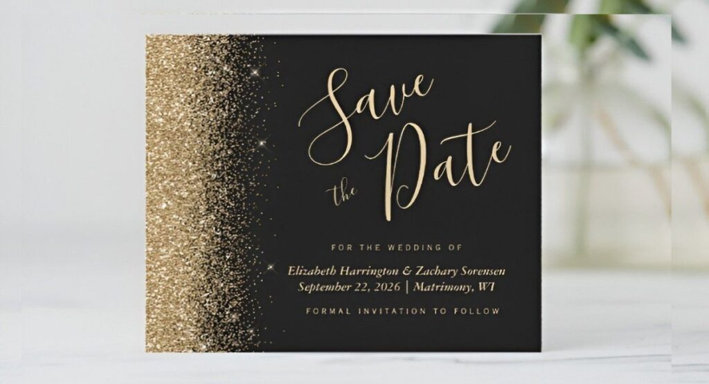 Luxury black and gold save the date card with glitter accents and elegant wedding typography