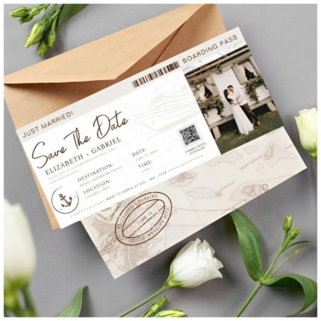 Boarding pass destination save the date card featuring a couple photo, travel-themed design, vintage map details, and wedding destination information.