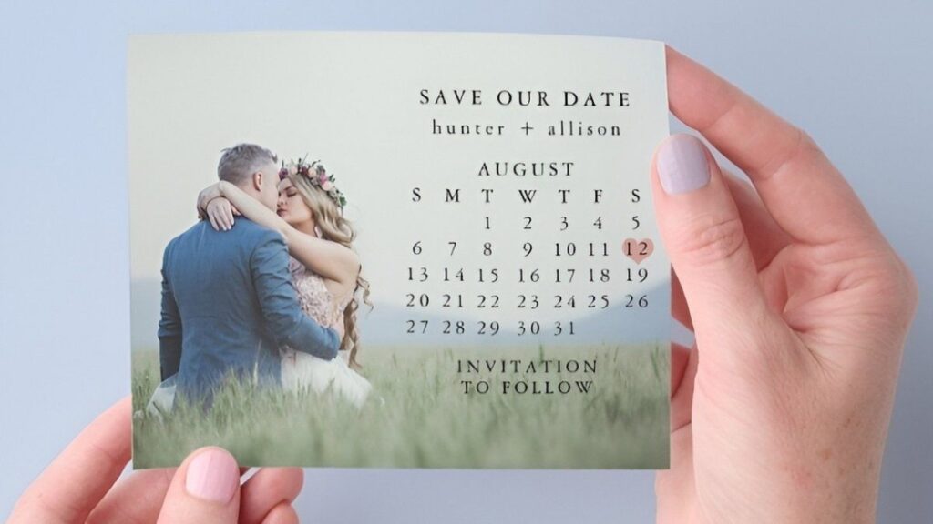Affordable calendar photo save the date card featuring a romantic couple photo and highlighted wedding date
