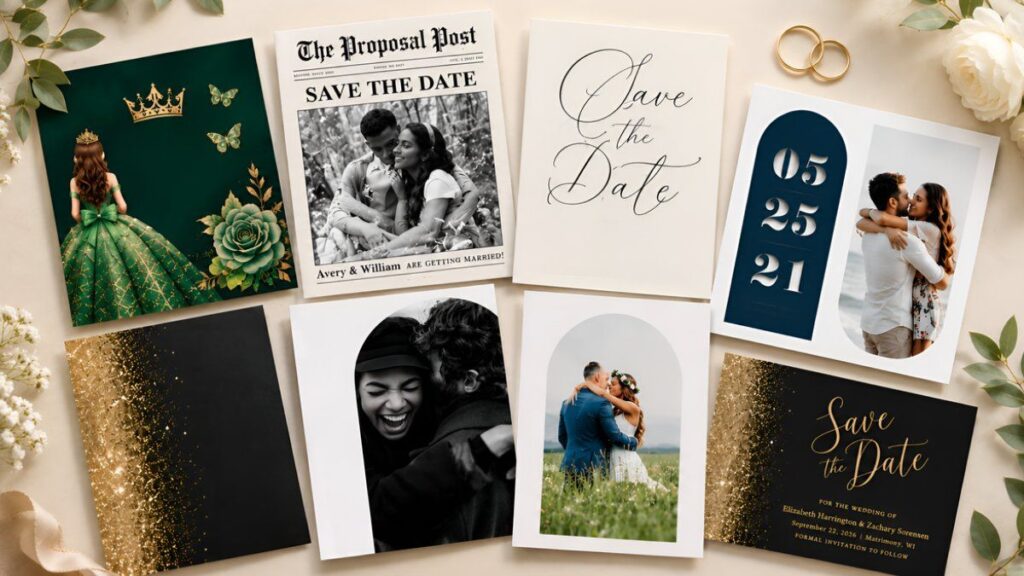 Collection of Cheap save the date cards including photo, minimalist, luxury, and newspaper-style wedding card designs