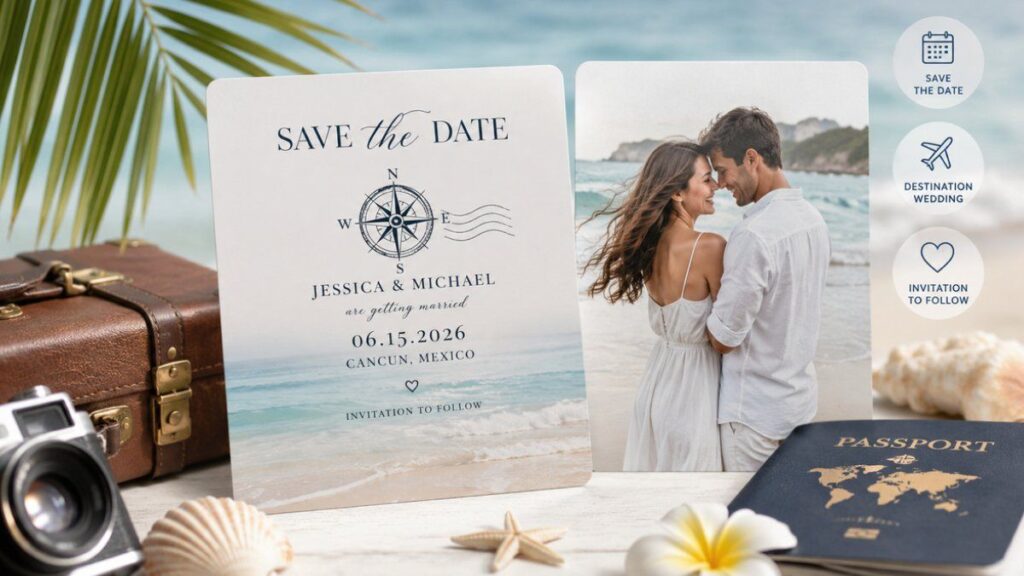Destination save the date cards featuring a beach wedding couple, travel-themed stationery, passport, and tropical wedding announcement design.