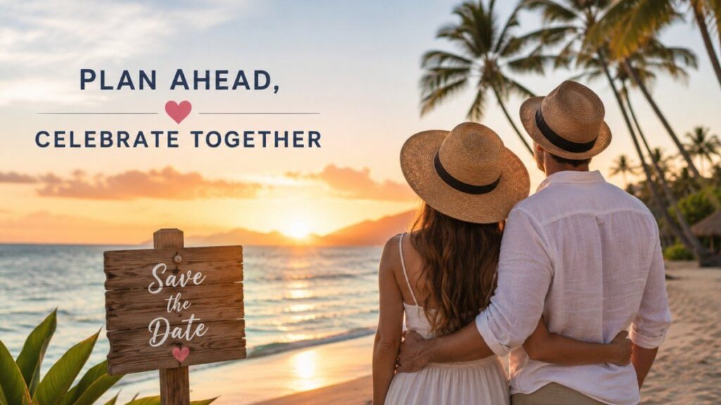 Destination wedding couple on a tropical beach with destination save the date card planning announcement.
