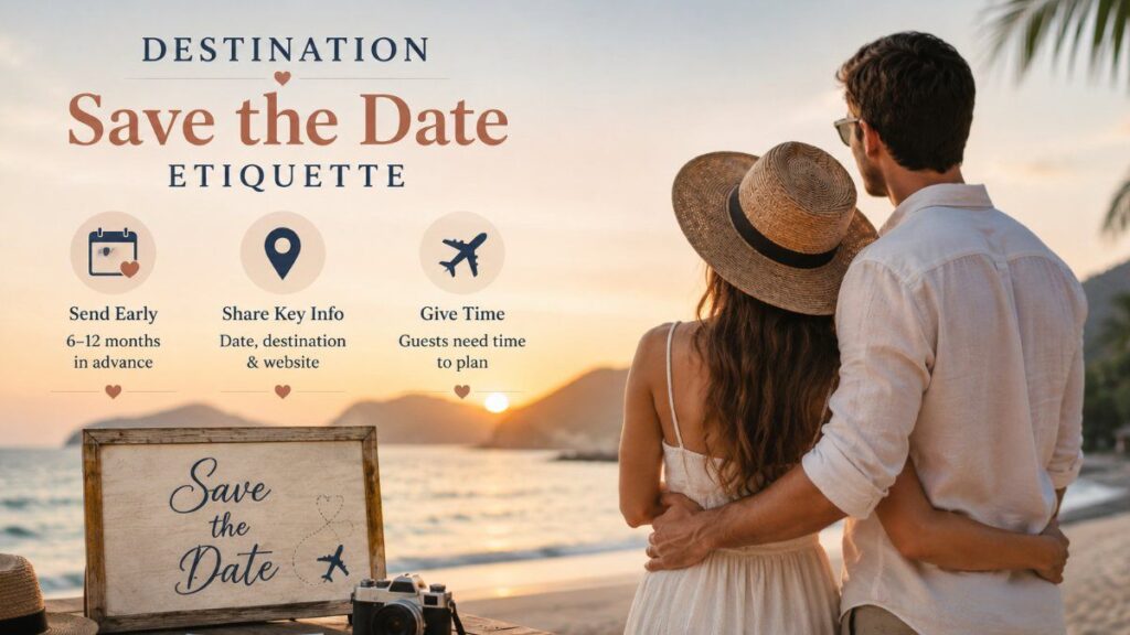Destination wedding couple on a beach with destination save the date etiquette tips and travel planning icons.