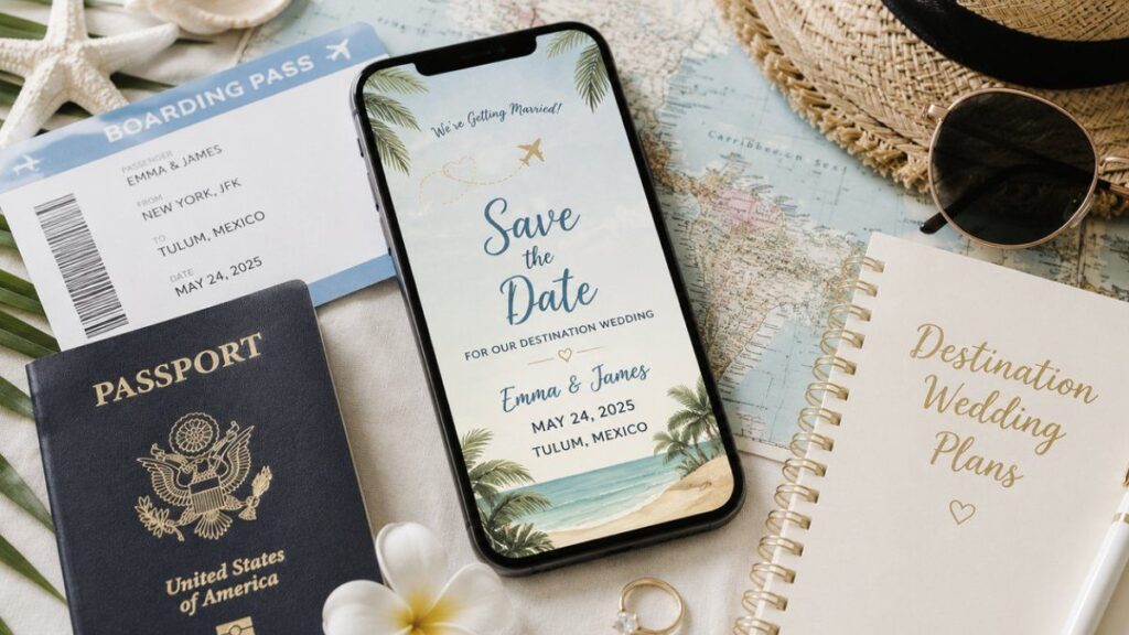 Digital save the date card displayed on a smartphone with passport, boarding pass, map, and travel accessories for a destination wedding