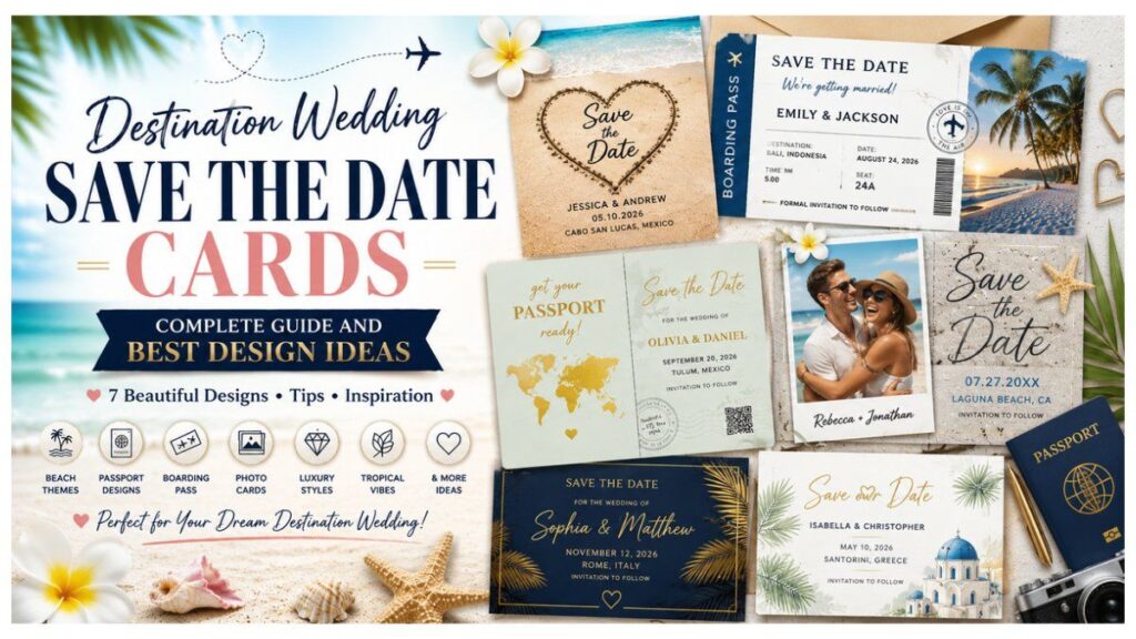 Destination wedding save the date cards featuring beach, passport, boarding pass, luxury, and photo card designs for travel-inspired weddings.