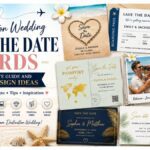 Destination wedding save the date cards featuring beach, passport, boarding pass, luxury, and photo card designs for travel-inspired weddings.