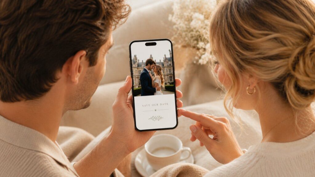 British couple viewing a stylish digital save the date card on a smartphone before their wedding