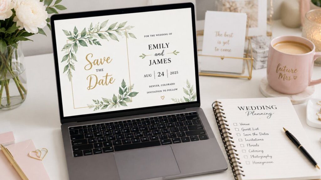 Laptop displaying a digital save the date invitation beside a wedding planning notebook and checklist